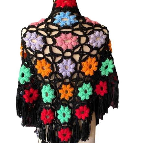Vintage Accessories - Vintage crochet knit granny flowers floral multicolor wrap scarf shawl w fringe